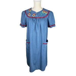 Vintage Go Softly Patio It’s A Hoot Owl Embroidered Denim Dress Women's Small